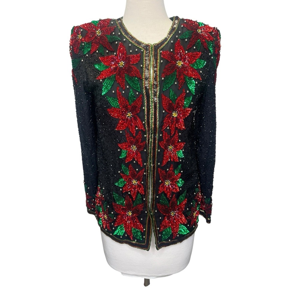 NWT Laurence Kazar Sequin Beaded Christmas Poinsettia S Jacket‎ Cardigan